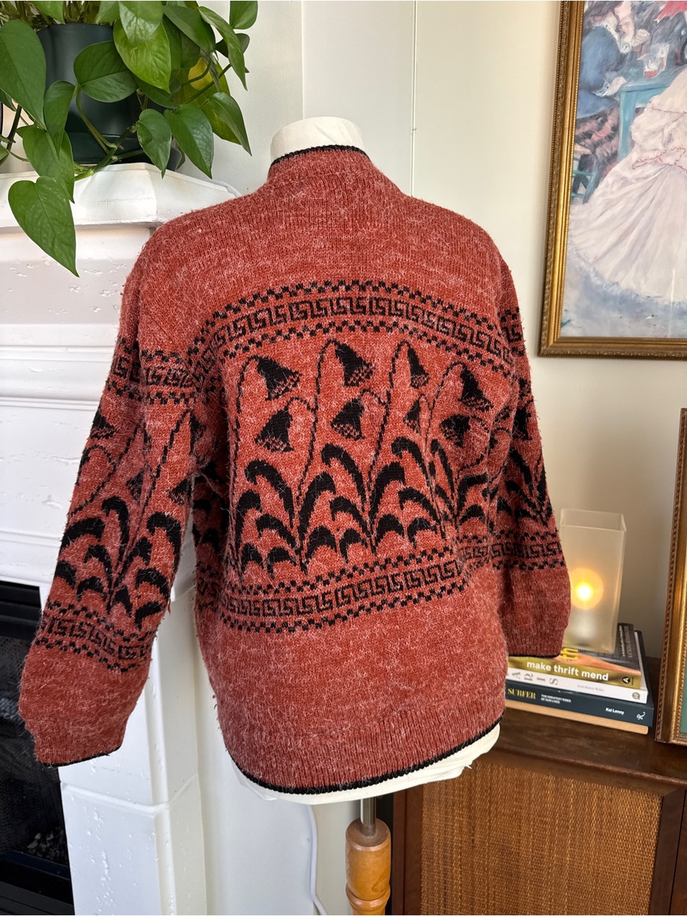 Rust Floral Patterned Button-Front Mohair Sweater Jacket - Picture 3 of 5